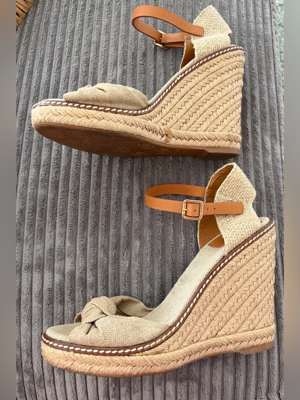 Tory Burch Beige Espadrille Wedge Sandals with Tan Ankle Strap